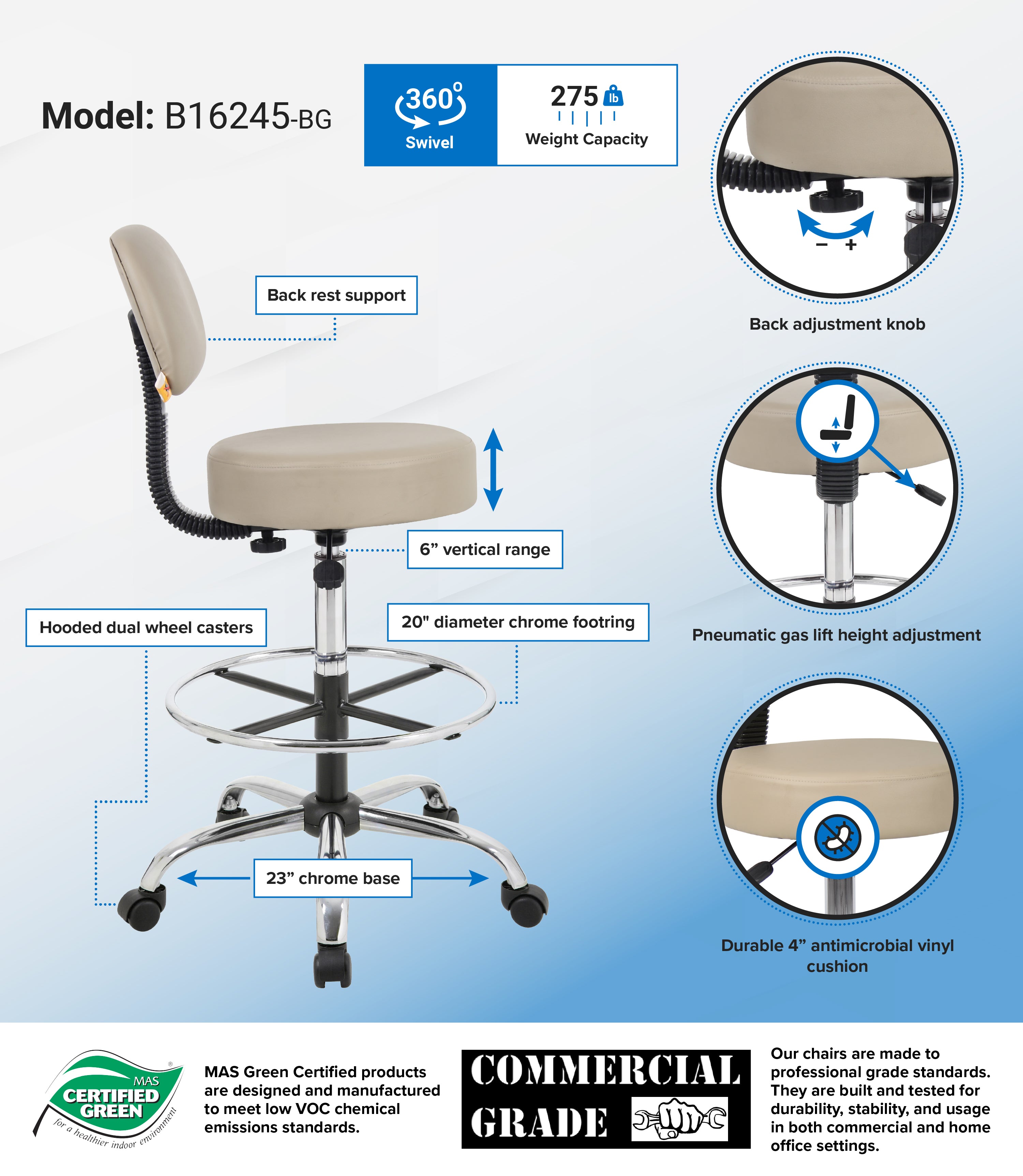 Boss Medical Stool W/ Back Cushion — Beige #Color_Beige